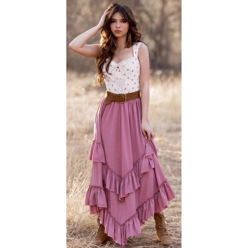 Joyfolie Dusty Rose Mauve Tiered Ruffle High Low Maxi Skirt XL Boho Cottagecore
